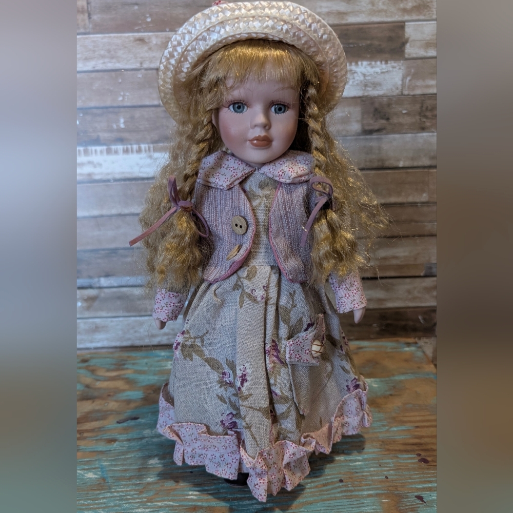 Vintage Porcelain Doll W Braids And Floral Dress